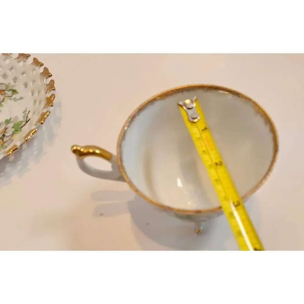 3 Legged China Teacup and Reticulated Saucer Dogwood Floral Gold tipped Japan